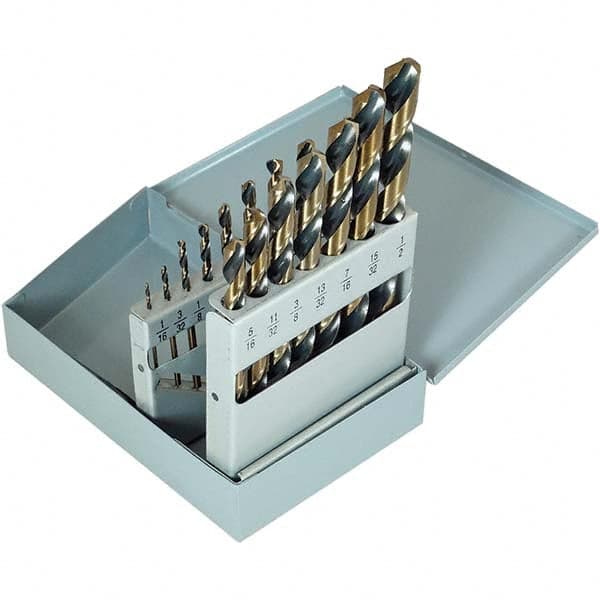 Drill Bit Set: Jobber Length Drill Bits, 15 Pc, 0.0625″ to 0.5″ Drill Bit Size, 135 °, High Speed Steel Gold Finish & Oxide, Split-Point, Straight Shank, Series 1604