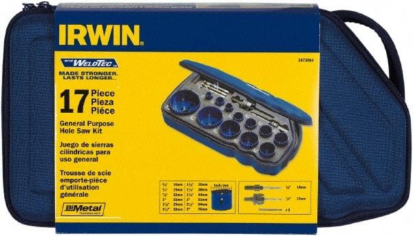 Irwin - 17 Piece, 5/8" to 3" Saw Diam, General Purpose Hole Saw Kit - Bi-Metal, Toothed Edge, Pilot Drill Model No. 373000, Includes 12 Hole Saws - Caliber Tooling