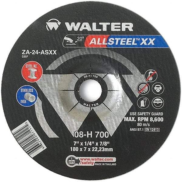 WALTER Surface Technologies - 24 Grit, 7" Wheel Diam, 1/4" Wheel Thickness, 7/8" Arbor Hole, Type 27 Depressed Center Wheel - Aluminum Oxide, Resinoid Bond, 8,600 Max RPM - Caliber Tooling