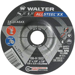 WALTER Surface Technologies - 24 Grit, 5" Wheel Diam, 1/8" Wheel Thickness, 7/8" Arbor Hole, Type 27 Depressed Center Wheel - Aluminum Oxide, Resinoid Bond, 12,200 Max RPM - Caliber Tooling