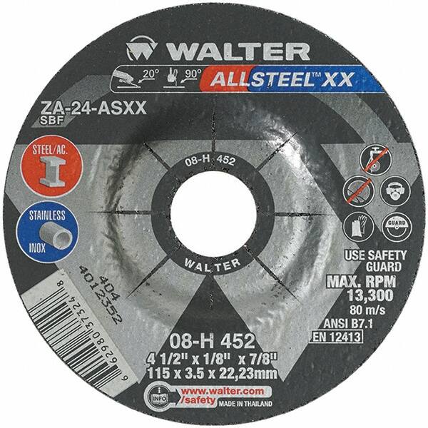 WALTER Surface Technologies - 24 Grit, 4-1/2" Wheel Diam, 1/8" Wheel Thickness, 7/8" Arbor Hole, Type 27 Depressed Center Wheel - Aluminum Oxide, Resinoid Bond, 13,300 Max RPM - Caliber Tooling