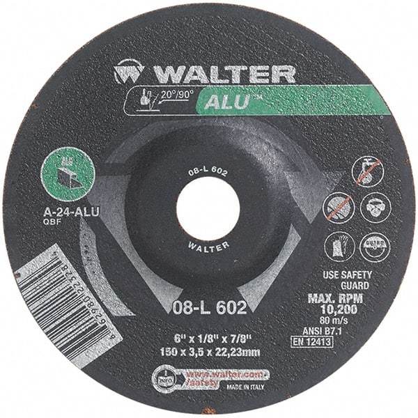 WALTER Surface Technologies - 24 Grit, 6" Wheel Diam, 1/8" Wheel Thickness, 7/8" Arbor Hole, Type 27 Depressed Center Wheel - Aluminum Oxide, Resinoid Bond, 10,200 Max RPM - Caliber Tooling