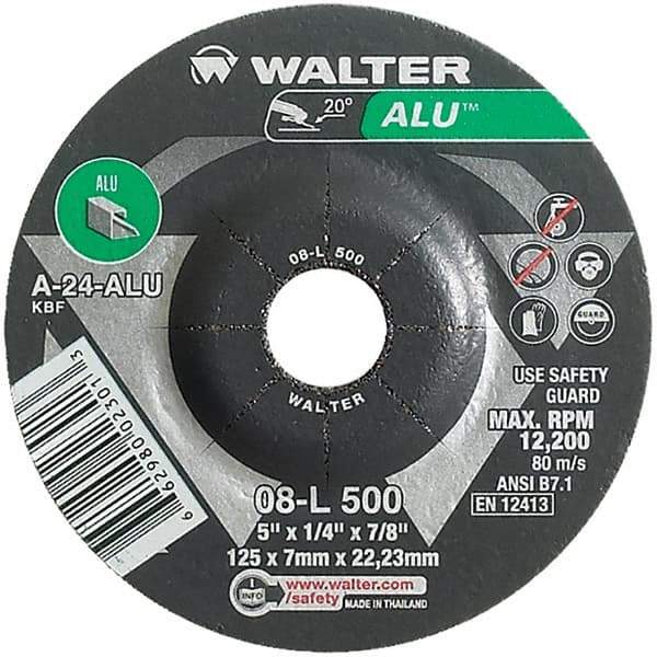 WALTER Surface Technologies - 24 Grit, 5" Wheel Diam, 1/4" Wheel Thickness, 7/8" Arbor Hole, Type 27 Depressed Center Wheel - Aluminum Oxide, Resinoid Bond, 12,200 Max RPM - Caliber Tooling