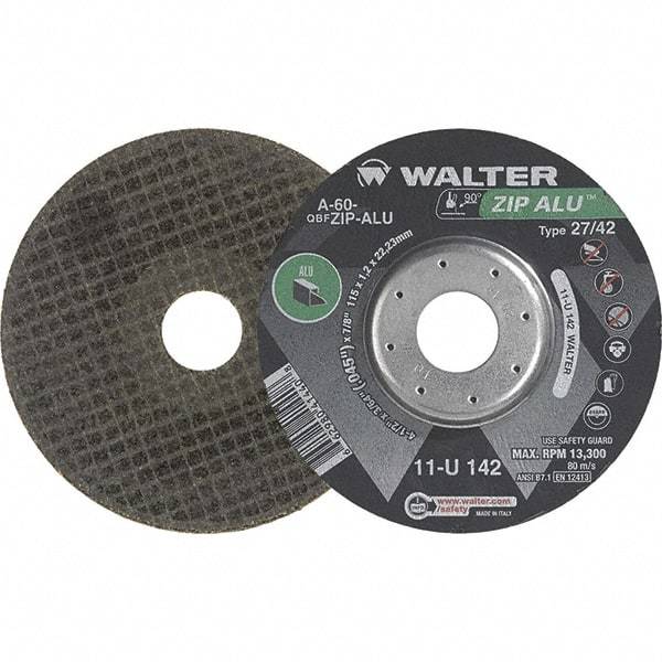 WALTER Surface Technologies - 60 Grit, 5" Wheel Diam, 3/64" Wheel Thickness, 7/8" Arbor Hole, Type 27 Depressed Center Wheel - Aluminum Oxide, Resinoid Bond, 12,200 Max RPM - Caliber Tooling