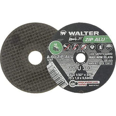 WALTER Surface Technologies - 3" 60 Grit Aluminum Oxide Cutoff Wheel - 1/32" Thick, 3/8" Arbor, 25,470 Max RPM, Use with Die Grinders - Caliber Tooling