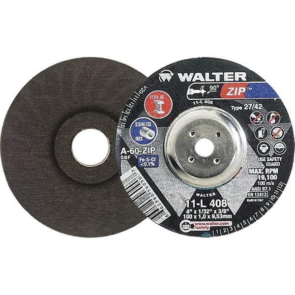 WALTER Surface Technologies - 60 Grit, 4" Wheel Diam, 1/32" Wheel Thickness, 3/8" Arbor Hole, Type 27 Depressed Center Wheel - Aluminum Oxide, Resinoid Bond, 19,100 Max RPM, Compatible with Die Grinders & Straight Shaft Grinder - Caliber Tooling