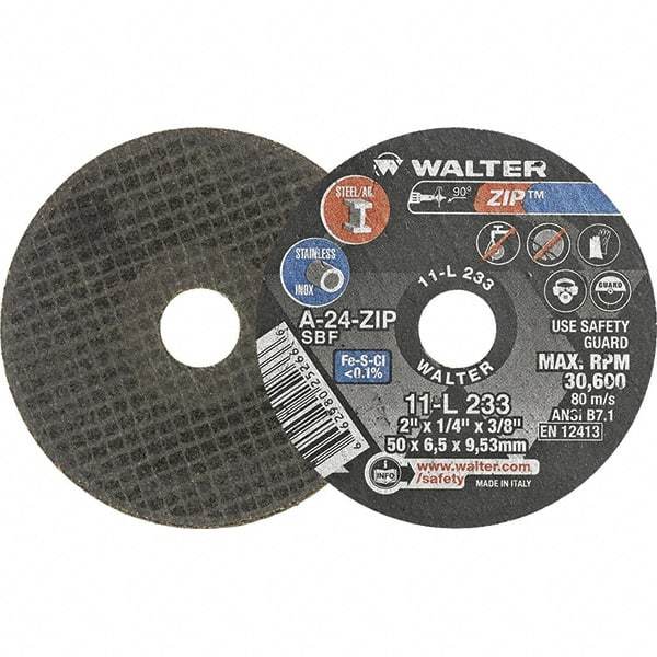 WALTER Surface Technologies - 2" 24 Grit Aluminum Oxide Cutoff Wheel - 1/4" Thick, 3/8" Arbor, 31,000 Max RPM, Use with Die Grinders - Caliber Tooling