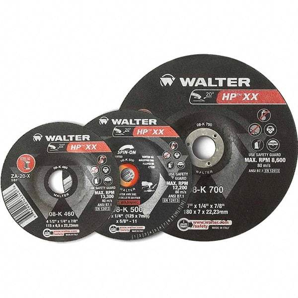 WALTER Surface Technologies - 16 Grit, 9" Wheel Diam, 1/4" Wheel Thickness, Type 28 Depressed Center Wheel - Aluminum Oxide, Resinoid Bond, 6,600 Max RPM - Caliber Tooling