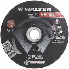 WALTER Surface Technologies - 16 Grit, 7" Wheel Diam, 1/4" Wheel Thickness, 7/8" Arbor Hole, Type 28 Depressed Center Wheel - Aluminum Oxide, Resinoid Bond, 8,600 Max RPM - Caliber Tooling