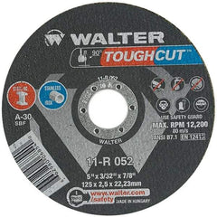 WALTER Surface Technologies - 5" 30 Grit Aluminum Oxide Cutoff Wheel - 3/32" Thick, 7/8" Arbor, 12,200 Max RPM, Use with Angle Grinders - Caliber Tooling