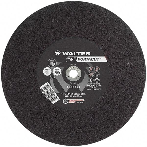 WALTER Surface Technologies - 14" 24 Grit Aluminum Oxide Cutoff Wheel - 1/8" Thick, 20mm Arbor, 5,400 Max RPM, Use with Electric & Gas Powered Saws - Caliber Tooling