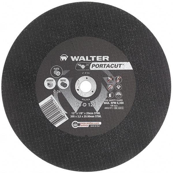 WALTER Surface Technologies - 12" 24 Grit Aluminum Oxide Cutoff Wheel - 1/8" Thick, 20mm Arbor, 6,300 Max RPM, Use with Electric & Gas Powered Saws - Caliber Tooling