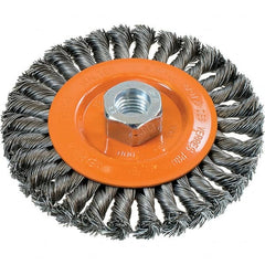 WALTER Surface Technologies - 5" OD, 5/8-11 Arbor Hole, Knotted Steel Wheel Brush - 3/8" Face Width, 0.02" Filament Diam, 15,000 RPM - Caliber Tooling