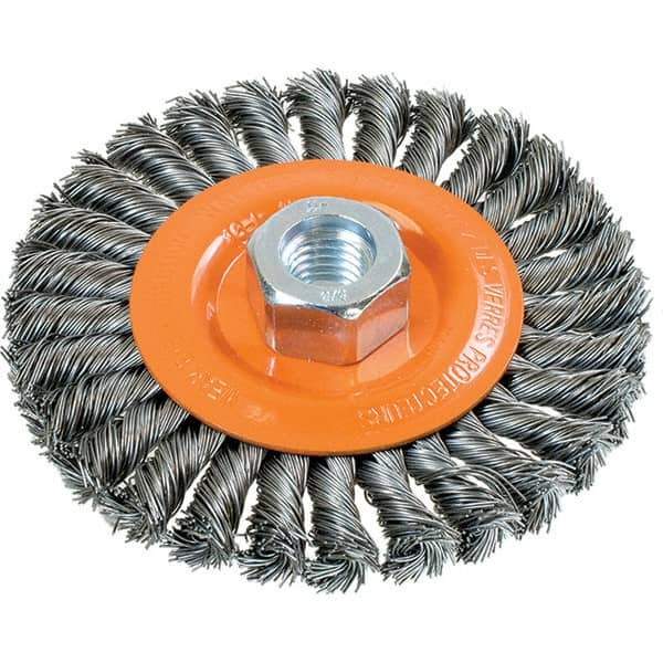 WALTER Surface Technologies - 4-1/2" OD, 5/8-11 Arbor Hole, Knotted Steel Wheel Brush - 3/8" Face Width, 0.02" Filament Diam, 15,000 RPM - Caliber Tooling