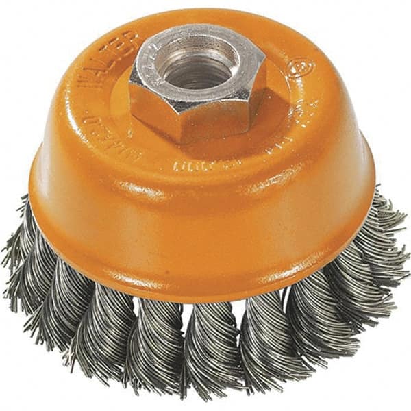 WALTER Surface Technologies - 3" Diam, M10x1.50 Threaded Arbor, Steel Fill Cup Brush - 0.015 Wire Diam, 12,000 Max RPM - Caliber Tooling