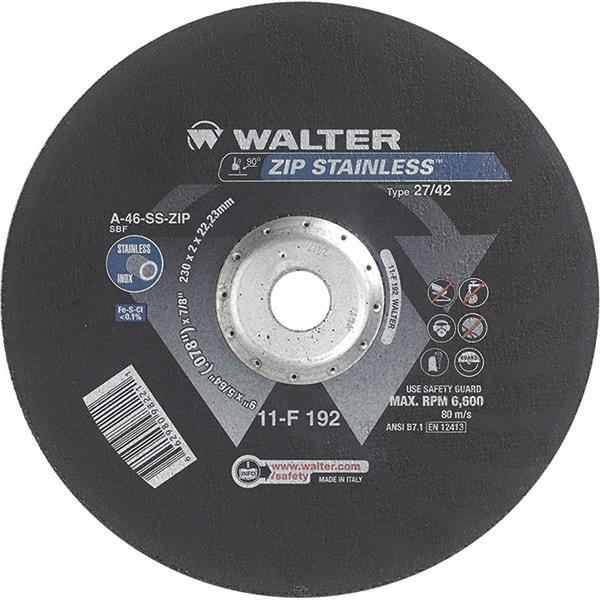 WALTER Surface Technologies - 46 Grit, 9" Wheel Diam, 5/64" Wheel Thickness, 7/8" Arbor Hole, Type 27 Depressed Center Wheel - Aluminum Oxide/Silicon Carbide Blend, Resinoid Bond, 6,600 Max RPM - Caliber Tooling