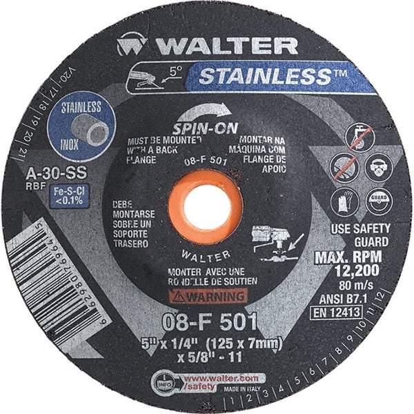 WALTER Surface Technologies - 30 Grit, 5" Wheel Diam, 1/4" Wheel Thickness, Type 28 Depressed Center Wheel - Aluminum Oxide, Resinoid Bond, 12,200 Max RPM - Caliber Tooling