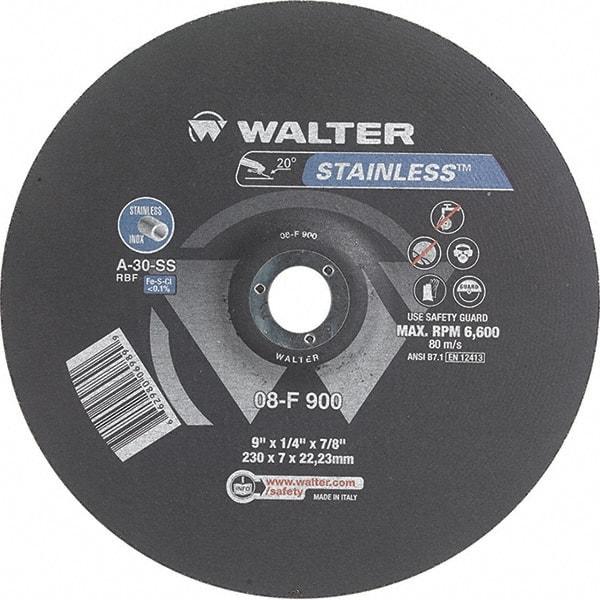 WALTER Surface Technologies - 30 Grit, 9" Wheel Diam, 1/4" Wheel Thickness, 7/8" Arbor Hole, Type 27 Depressed Center Wheel - Aluminum Oxide, Resinoid Bond, 6,600 Max RPM - Caliber Tooling