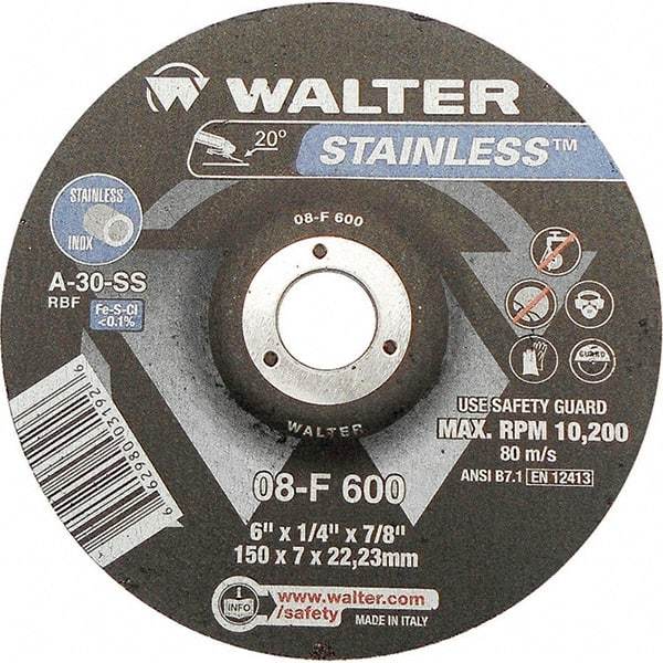 WALTER Surface Technologies - 30 Grit, 6" Wheel Diam, 1/4" Wheel Thickness, 7/8" Arbor Hole, Type 27 Depressed Center Wheel - Aluminum Oxide, Resinoid Bond, 10,200 Max RPM - Caliber Tooling