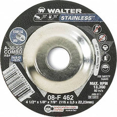 WALTER Surface Technologies - 30 Grit, 4-1/2" Wheel Diam, 1/8" Wheel Thickness, 7/8" Arbor Hole, Type 27 Depressed Center Wheel - Aluminum Oxide, Resinoid Bond, 13,300 Max RPM - Caliber Tooling