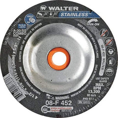 WALTER Surface Technologies - 30 Grit, 4-1/2" Wheel Diam, 1/8" Wheel Thickness, Type 27 Depressed Center Wheel - Aluminum Oxide, Resinoid Bond, 13,300 Max RPM - Caliber Tooling