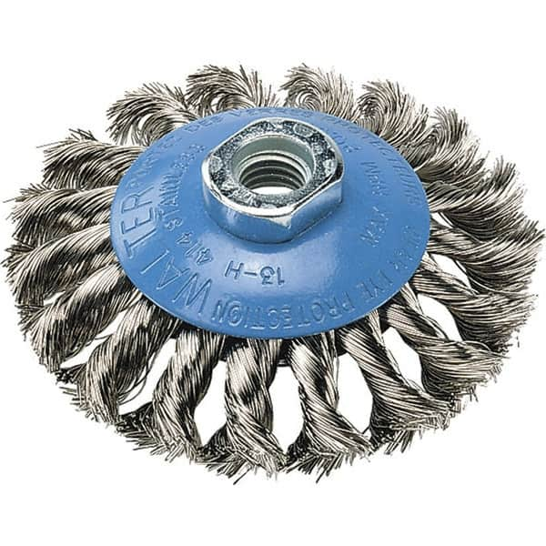 WALTER Surface Technologies - 7" Diam, 5/8-11 Threaded Arbor, Stainless Steel Fill Cup Brush - 0.02 Wire Diam, 10,000 Max RPM - Caliber Tooling