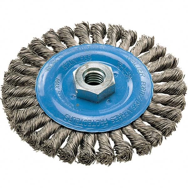 WALTER Surface Technologies - 5" OD, 5/8-11 Arbor Hole, Knotted Stainless Steel Wheel Brush - 3/8" Face Width, 0.02" Filament Diam, 15,000 RPM - Caliber Tooling