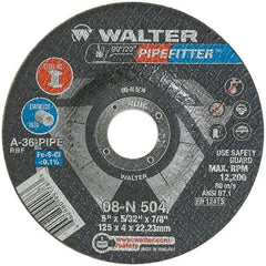 WALTER Surface Technologies - 36 Grit, 5" Wheel Diam, 5/32" Wheel Thickness, 7/8" Arbor Hole, Type 27 Depressed Center Wheel - Aluminum Oxide/Silicon Carbide Blend, Resinoid Bond, 12,200 Max RPM - Caliber Tooling