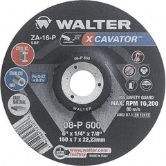 WALTER Surface Technologies - 16 Grit, 6" Wheel Diam, 1/4" Wheel Thickness, 7/8" Arbor Hole, Type 27 Depressed Center Wheel - Aluminum Oxide, Resinoid Bond, 10,200 Max RPM - Caliber Tooling