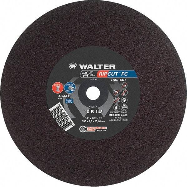 WALTER Surface Technologies - 14" 24 Grit Aluminum Oxide Cutoff Wheel - 1/8" Thick, 1" Arbor, 4,400 Max RPM, Use with Stationary Tools - Caliber Tooling