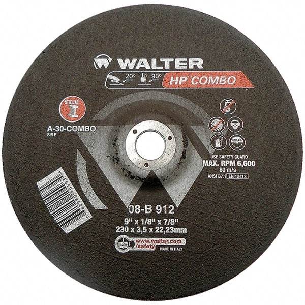 WALTER Surface Technologies - 30 Grit, 9" Wheel Diam, 1/8" Wheel Thickness, 7/8" Arbor Hole, Type 27 Depressed Center Wheel - Aluminum Oxide, Resinoid Bond, 6,600 Max RPM - Caliber Tooling