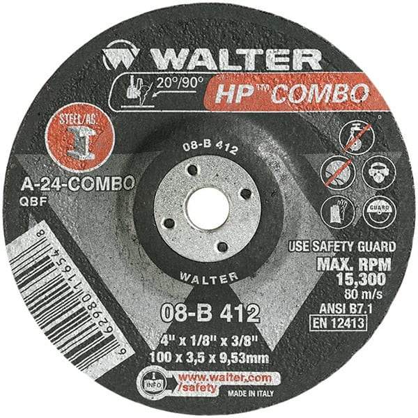 WALTER Surface Technologies - 24 Grit, 4" Wheel Diam, 1/8" Wheel Thickness, 3/8" Arbor Hole, Type 27 Depressed Center Wheel - Aluminum Oxide, Resinoid Bond, 15,000 Max RPM - Caliber Tooling