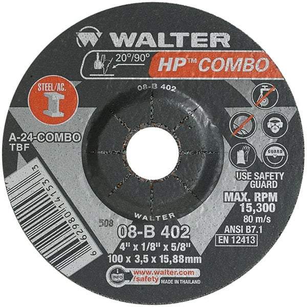 WALTER Surface Technologies - 24 Grit, 4" Wheel Diam, 1/8" Wheel Thickness, 5/8" Arbor Hole, Type 27 Depressed Center Wheel - Aluminum Oxide, Resinoid Bond, 15,000 Max RPM - Caliber Tooling