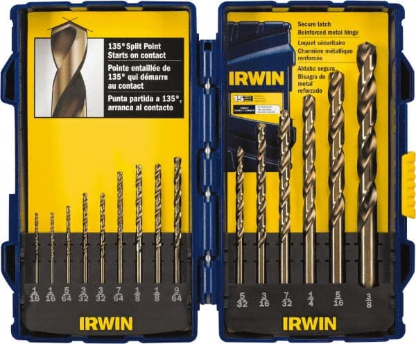 Drill Bit Set: Jobber Length Drill Bits, 15 Pc, 0.0625″ to 0.375″ Drill Bit Size, 135 °, Cobalt Split-Point, Straight Shank, Series 3160