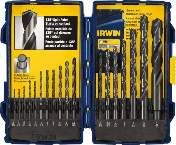 Irwin - 1/16 to 1/2", 135° Point, Oxide Finish, High Speed Steel Jobber Length Drill Bit Set - Caliber Tooling