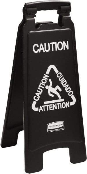 Rubbermaid - Attention/Caution/Cuidado, 11" Wide x 25" High, Polypropylene Floor Sign - English/French/Spanish, A-Frame, White on Black, For Accident Prevention - Caliber Tooling