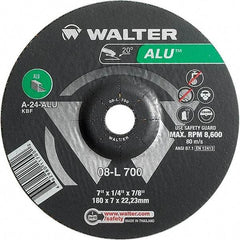 WALTER Surface Technologies - 24 Grit, 7" Wheel Diam, 1/4" Wheel Thickness, 7/8" Arbor Hole, Type 27 Depressed Center Wheel - Aluminum Oxide, Resinoid Bond, 8,600 Max RPM - Caliber Tooling