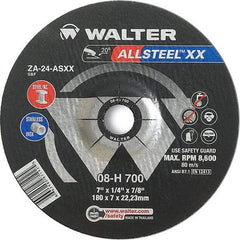 WALTER Surface Technologies - 24 Grit, 7" Wheel Diam, 1/8" Wheel Thickness, 7/8" Arbor Hole, Type 27 Depressed Center Wheel - Aluminum Oxide, Resinoid Bond, 8,600 Max RPM - Caliber Tooling