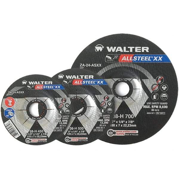 WALTER Surface Technologies - 24 Grit, 7" Wheel Diam, 1/8" Wheel Thickness, Type 27 Depressed Center Wheel - Aluminum Oxide, Resinoid Bond, 8,600 Max RPM - Caliber Tooling