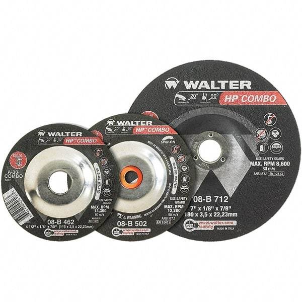 WALTER Surface Technologies - 30 Grit, 7" Wheel Diam, 1/8" Wheel Thickness, Type 27 Depressed Center Wheel - Aluminum Oxide, Resinoid Bond, 8,600 Max RPM - Caliber Tooling