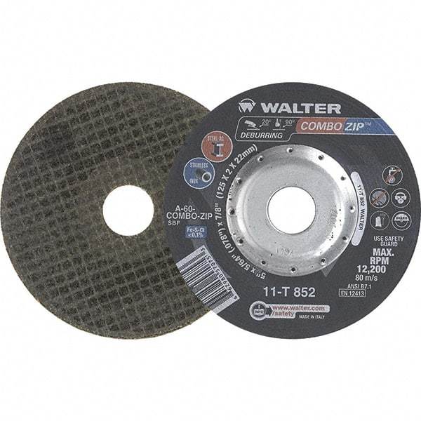 WALTER Surface Technologies - 60 Grit, 5" Wheel Diam, 5/64" Wheel Thickness, 7/8" Arbor Hole, Type 27 Depressed Center Wheel - 12,200 Max RPM - Caliber Tooling