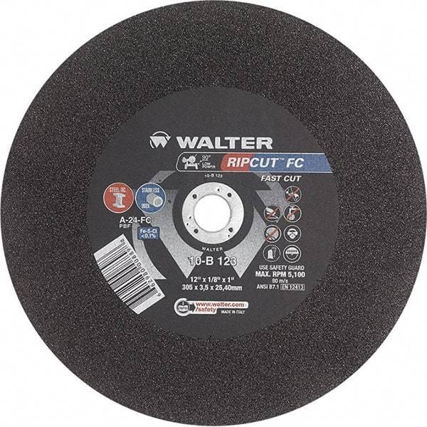 WALTER Surface Technologies - 12" 24 Grit Aluminum Oxide Cutoff Wheel - 1/8" Thick, 1" Arbor, 5,100 Max RPM, Use with Stationary Tools - Caliber Tooling