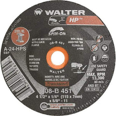 WALTER Surface Technologies - 24 Grit, 4-1/2" Wheel Diam, 1/4" Wheel Thickness, Type 28 Depressed Center Wheel - Aluminum Oxide, Resinoid Bond, 13,300 Max RPM - Caliber Tooling