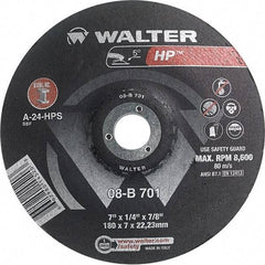 WALTER Surface Technologies - 24 Grit, 7" Wheel Diam, 1/4" Wheel Thickness, 7/8" Arbor Hole, Type 28 Depressed Center Wheel - Aluminum Oxide, Resinoid Bond, 8,600 Max RPM - Caliber Tooling