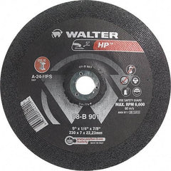 WALTER Surface Technologies - 24 Grit, 9" Wheel Diam, 1/4" Wheel Thickness, 7/8" Arbor Hole, Type 28 Depressed Center Wheel - Aluminum Oxide, Resinoid Bond, 6,600 Max RPM - Caliber Tooling