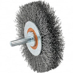 WALTER Surface Technologies - 1-3/8" OD, 1/4" Shank Diam, Crimped Stainless Steel Wheel Brush - 1/4" Face Width, 0.008" Filament Diam, 25,000 RPM - Caliber Tooling