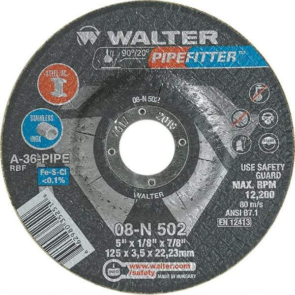 WALTER Surface Technologies - 36 Grit, 5" Wheel Diam, 1/8" Wheel Thickness, 7/8" Arbor Hole, Type 27 Depressed Center Wheel - Aluminum Oxide/Silicon Carbide Blend, Resinoid Bond, 12,200 Max RPM, Compatible with Angle Grinder - Caliber Tooling