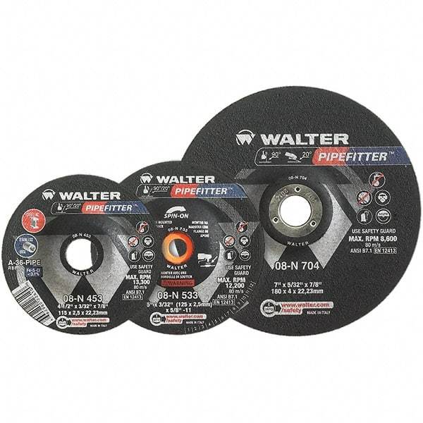 WALTER Surface Technologies - 36 Grit, 4-1/2" Wheel Diam, 5/32" Wheel Thickness, 7/8" Arbor Hole, Type 27 Depressed Center Wheel - Aluminum Oxide/Silicon Carbide Blend, Resinoid Bond, 13,300 Max RPM - Caliber Tooling