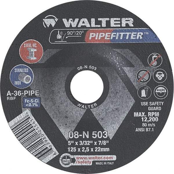 WALTER Surface Technologies - 36 Grit, 5" Wheel Diam, 3/32" Wheel Thickness, 7/8" Arbor Hole, Type 27 Depressed Center Wheel - Aluminum Oxide/Silicon Carbide Blend, Resinoid Bond, 12,200 Max RPM - Caliber Tooling