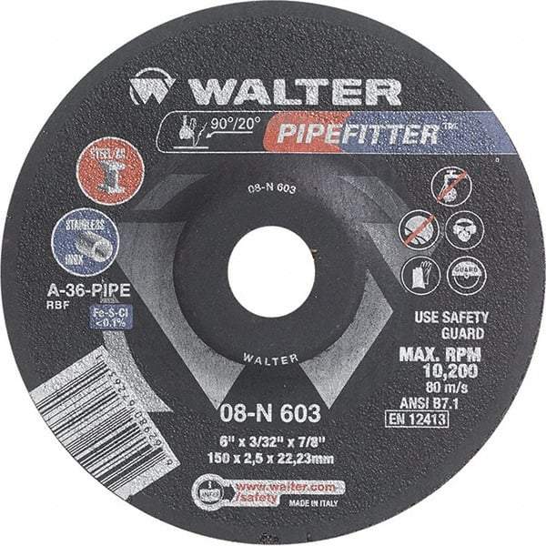 WALTER Surface Technologies - 36 Grit, 6" Wheel Diam, 3/32" Wheel Thickness, 7/8" Arbor Hole, Type 27 Depressed Center Wheel - Aluminum Oxide/Silicon Carbide Blend, Resinoid Bond, 10,200 Max RPM - Caliber Tooling